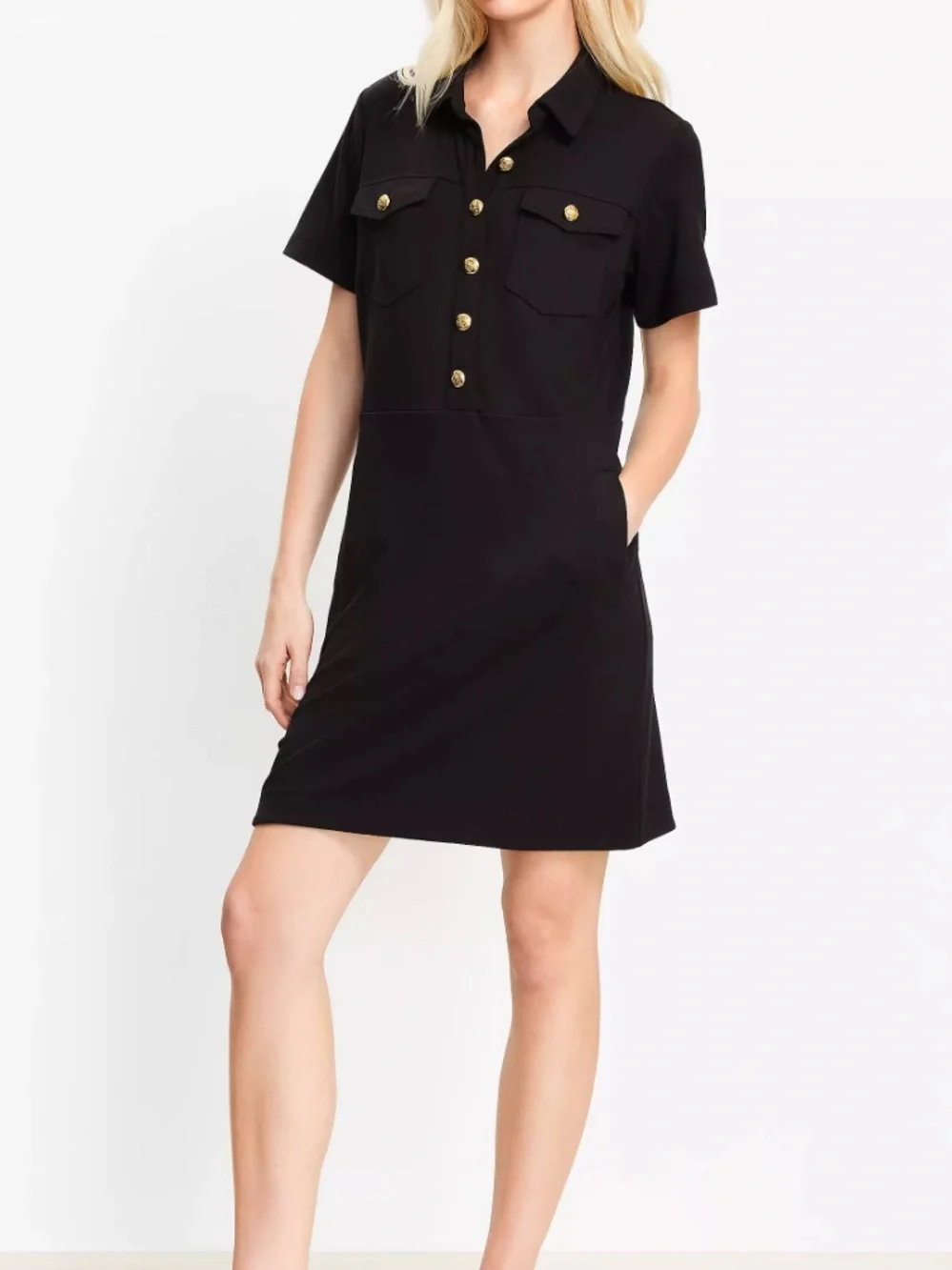NWT LOFT Outlet Mod Black Ponte Utility Shirt Dress Gold Buttons Size 14 - Picture 1 of 8